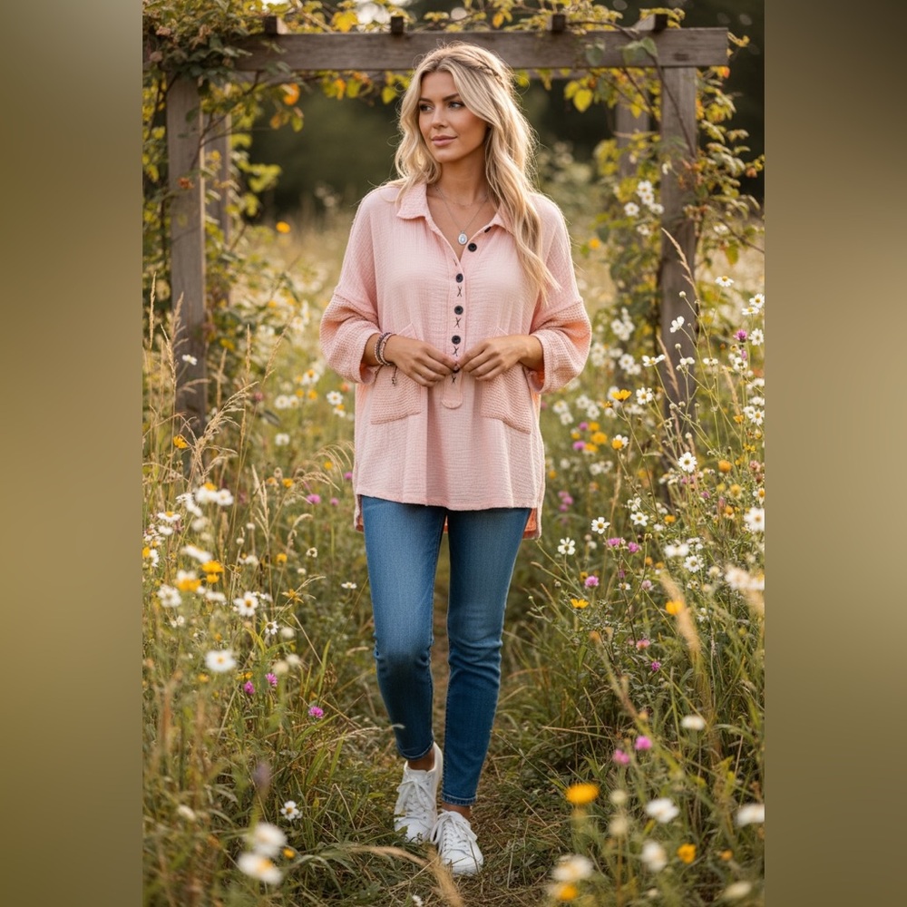POL  Cotton Gauzy Style Buttonfront Loose Fit Pink Button-Up Waffle Knit Top - Picture 2 of 10